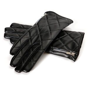 Black Quilted PU Leather Gloves with Zipper